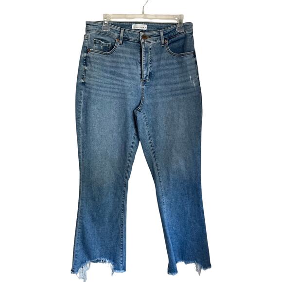 Loft Curvy High Rise Flare Crop Blue Jeans Raw Hem Stretch Denim Sz 30/10 - Picture 1 of 9